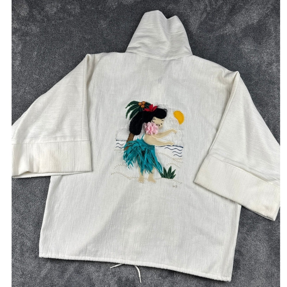 Vintage Hula Girl Applique Zip Up Jacket White Cotton Blend Drawstring Hem Sz 10 - Picture 5 of 11
